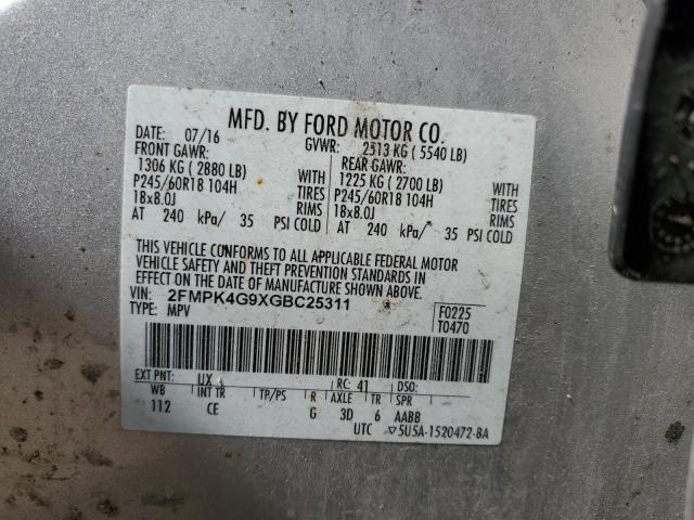 2FMPK4G9XGBC25311 - 2016 FORD EDGE SE SILVER photo 13