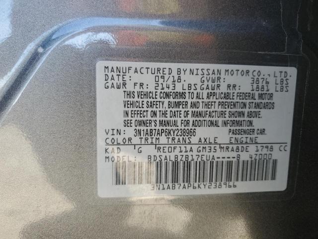 3N1AB7AP6KY238966 - 2019 NISSAN SENTRA S GRAY photo 12