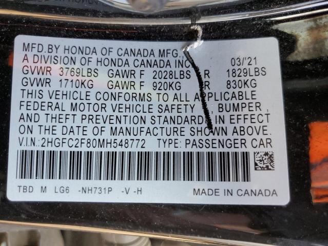 2HGFC2F80MH548772 - 2021 HONDA CIVIC SPORT 黑色 照片 12