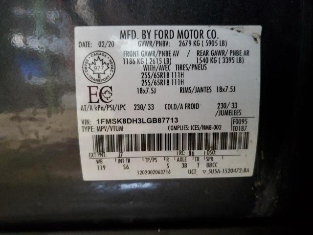 1FMSK8DH3LGB87713 - 2020 FORD EXPLORER XLT GRAY photo 13