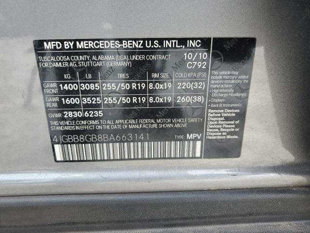 4JGBB8GB8BA663141 - 2011 MERCEDES-BENZ ML 350 4MATIC GRAY photo 13