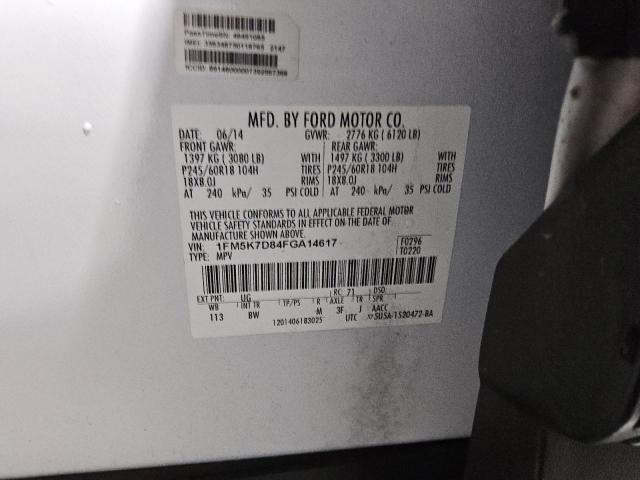 1FM5K7D84FGA14617 - 2015 FORD EXPLORER XLT WHITE photo 14