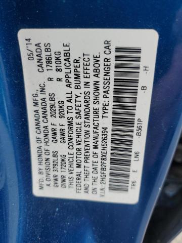 2HGFB2F8XEH526394 - 2014 HONDA CIVIC EX BLUE photo 12