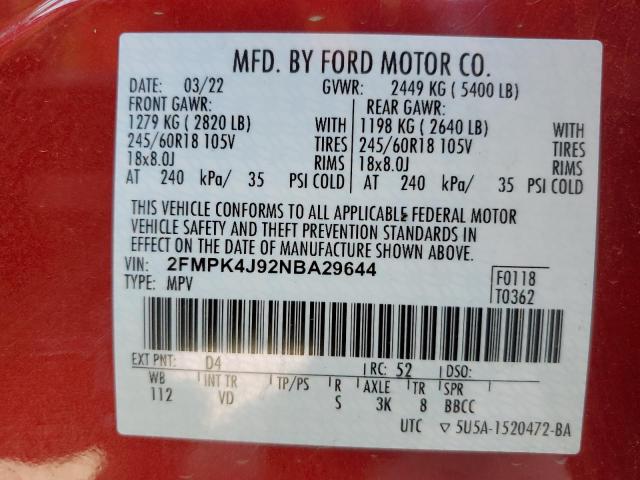 2FMPK4J92NBA29644 - 2022 FORD EDGE SEL RED photo 13