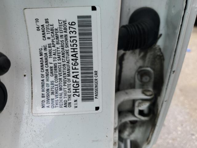 2HGFA1F64AH551376 - 2010 HONDA CIVIC LX-S Սպիտակ լուսանկար 12