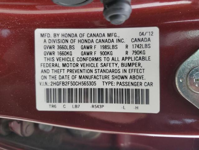 2HGFB2F50CH565305 - 2012 HONDA CIVIC LX RED photo 12