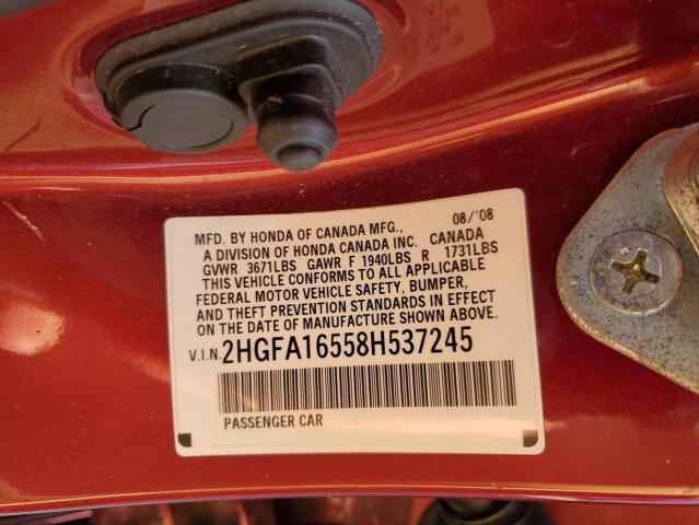 2HGFA16558H537245 - 2008 HONDA CIVIC LX RED photo 12