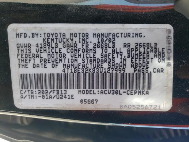 4T1BE32K83U127999 - 2003 TOYOTA CAMRY LE BLACK photo 12