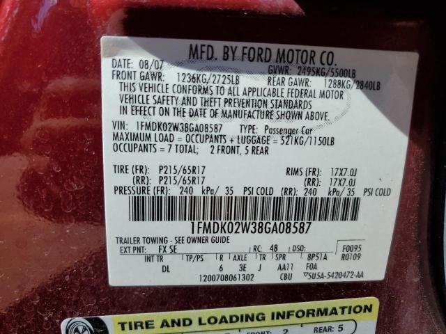 1FMDK02W38GA08587 - 2008 FORD TAURUS X SEL MAROON photo 12