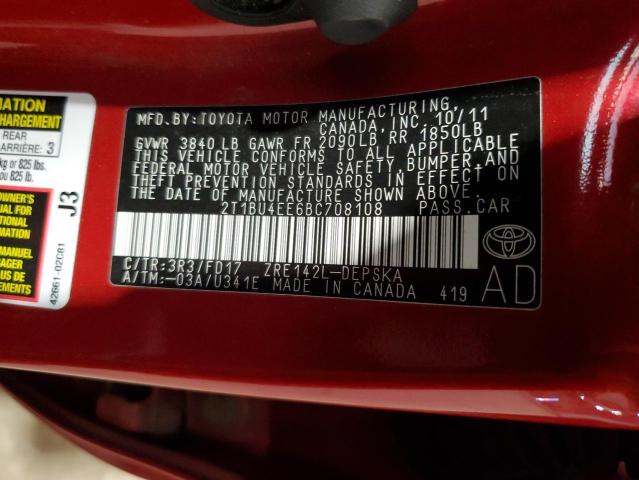 2T1BU4EE6BC708108 - 2011 TOYOTA COROLLA BASE RED photo 12