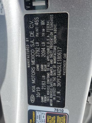 3KPF24AD5LE180617 - 2020 KIA FORTE FE SILVER photo 12