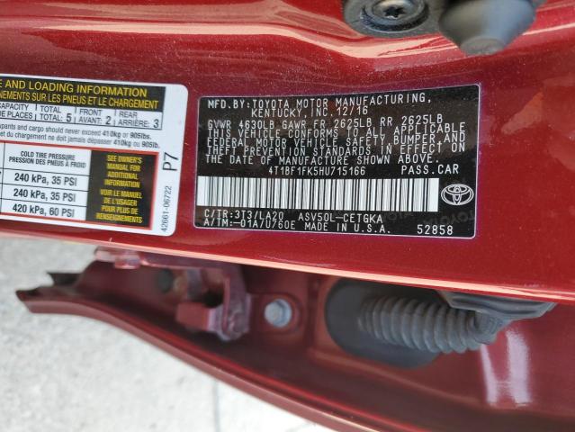 4T1BF1FK5HU715166 - 2017 TOYOTA CAMRY LE RED photo 12