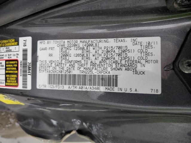 5TFTX4CNXCX012501 - 2012 TOYOTA TACOMA ACCESS CAB ნაცრისფერი ფოტო 12