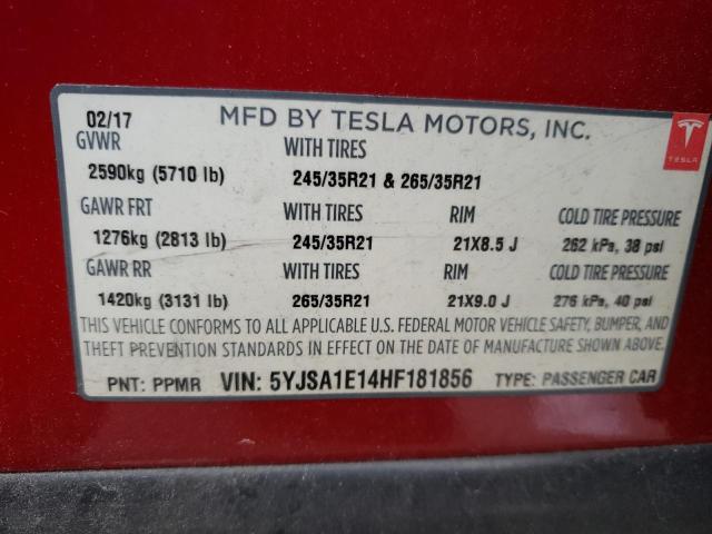 5YJSA1E14HF181856 - 2017 TESLA MODEL S Սև լուսանկար 12