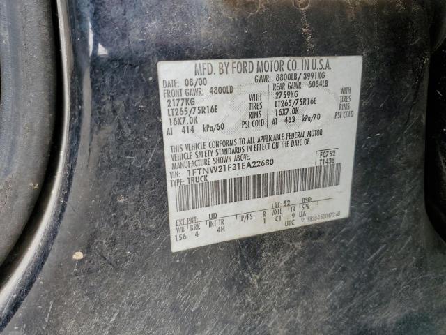 1FTNW21F31EA22680 - 2001 FORD F250 SUPER DUTY BLACK photo 12