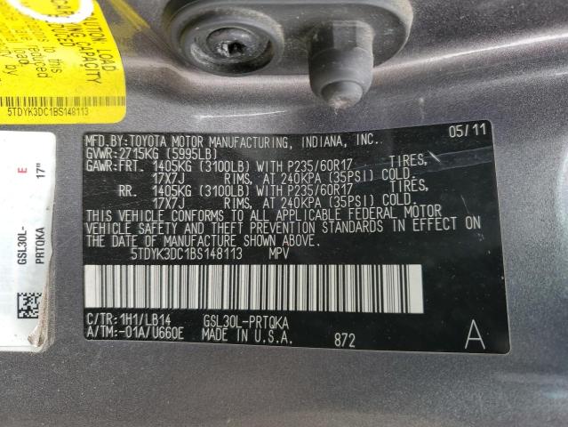 5TDYK3DC1BS148113 - 2011 TOYOTA SIENNA XLE GRAY photo 13