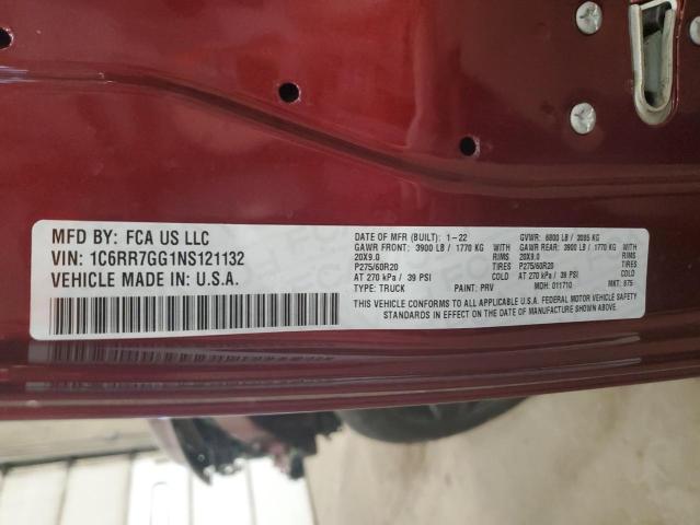 1C6RR7GG1NS121132 - 2022 RAM 1500 CLASS SLT 栗色 照片 13