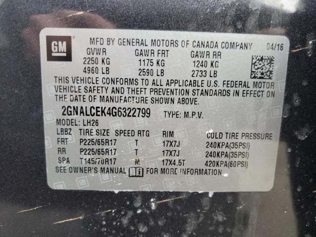 2GNALCEK4G6322799 - 2016 CHEVROLET EQUINOX LT GRAY photo 13