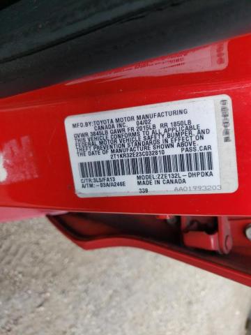 2T1KR32E23C032810 - 2003 TOYOTA COROLLA MA XR RED photo 10
