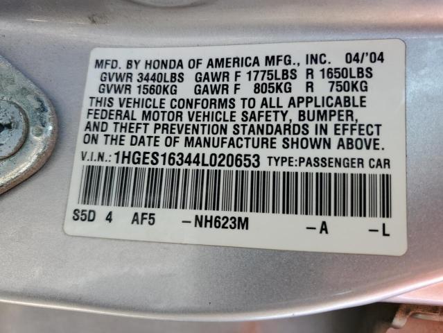 1HGES16344L020653 - 2004 HONDA CIVIC DX VP Gümüş foto 12