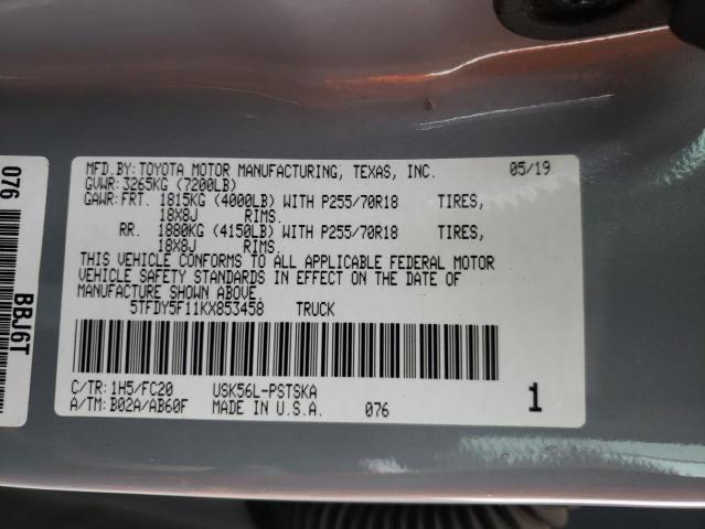 5TFDY5F11KX853458 - 2019 TOYOTA TUNDRA CREWMAX SR5 GRAY photo 12