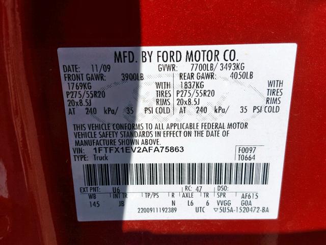 1FTFX1EV2AFA75863 - 2010 FORD F150 SUPER CAB  photo 10