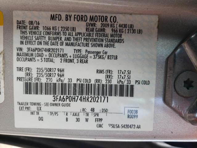 3FA6P0H74HR202171 - 2017 FORD FUSION SE SILVER photo 12