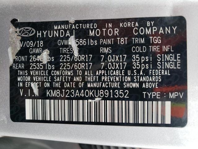 KM8J23A40KU891352 - 2019 HYUNDAI TUCSON SE SILVER photo 12