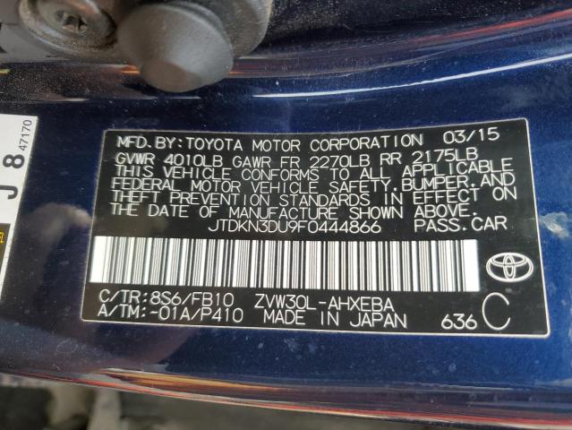 JTDKN3DU9F0444866 - 2015 TOYOTA PRIUS BLUE photo 12