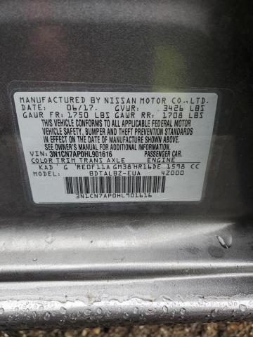 3N1CN7AP0HL901616 - 2017 NISSAN VERSA S GRAY photo 12