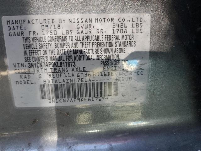 3N1CN7AP9KL817673 - 2019 NISSAN VERSA S GRAY photo 12