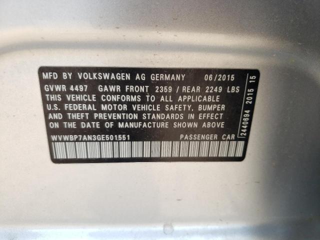 WVWBP7AN3GE501551 - 2016 VOLKSWAGEN CC BASE SILVER photo 12