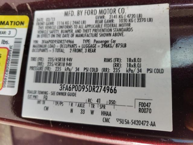 3FA6P0D95DR274966 - 2013 FORD FUSION TITANIUM BURGUNDY photo 12