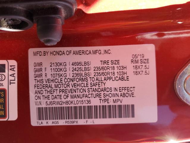 5J6RW2H80KL015136 - 2019 HONDA CR-V EXL RED photo 14