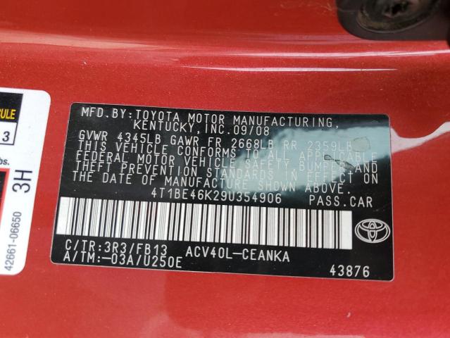 4T1BE46K29U354906 - 2009 TOYOTA CAMRY BASE RED photo 12