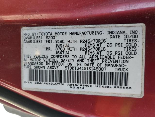5TBRT34151S148087 - 2001 TOYOTA TUNDRA ACCESS CAB წითელი ფოტო 12