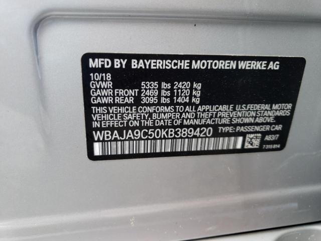 WBAJA9C50KB389420 - 2019 BMW 530E SILVER photo 12