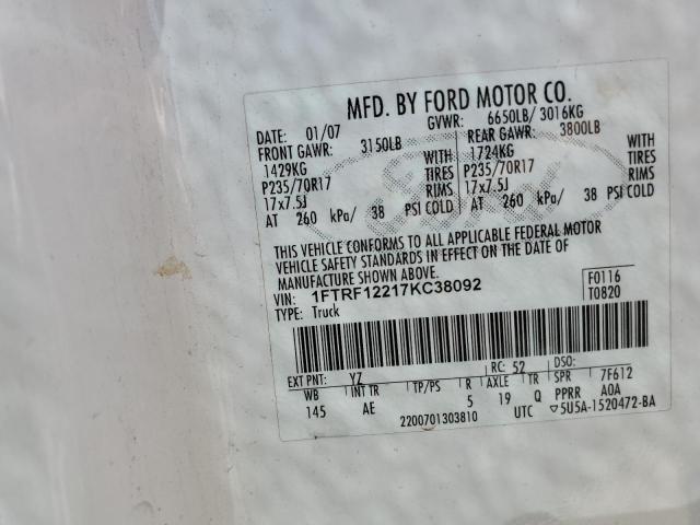 1FTRF12217KC38092 - 2007 FORD F150 WHITE photo 12