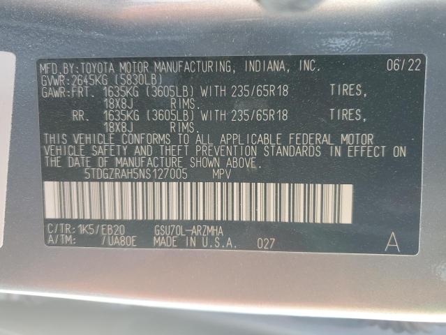 5TDGZRAH5NS127005 - 2022 TOYOTA HIGHLANDER XLE ნაცრისფერი ფოტო 13