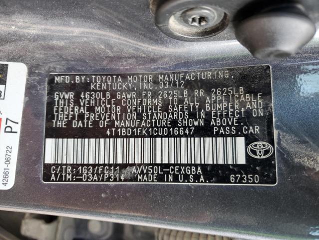 4T1BD1FK1CU016647 - 2012 TOYOTA CAMRY HYBRID CHARCOAL photo 12