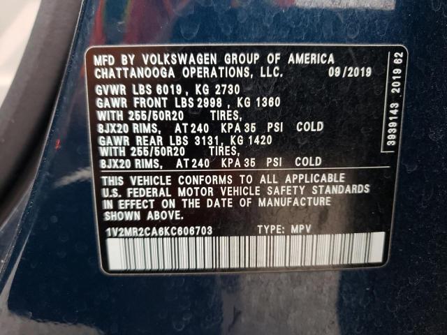 1V2MR2CA6KC606703 - 2019 VOLKSWAGEN ATLAS SEL BLUE photo 13