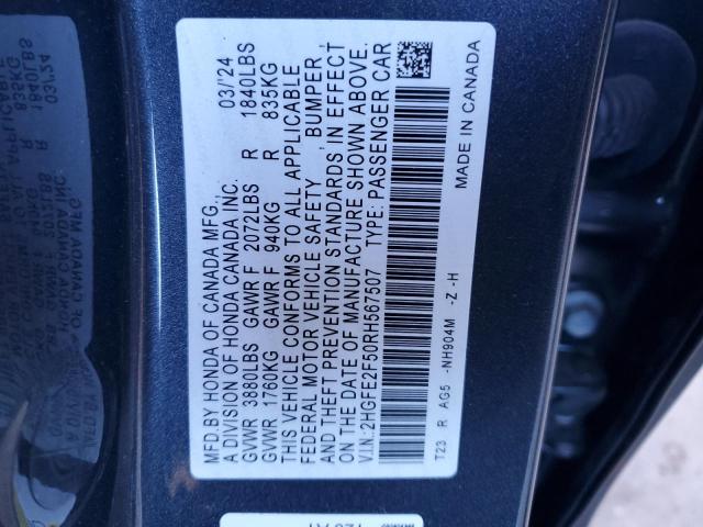 2HGFE2F50RH567507 - 2024 HONDA CIVIC SPORT შავი ფოტო 12