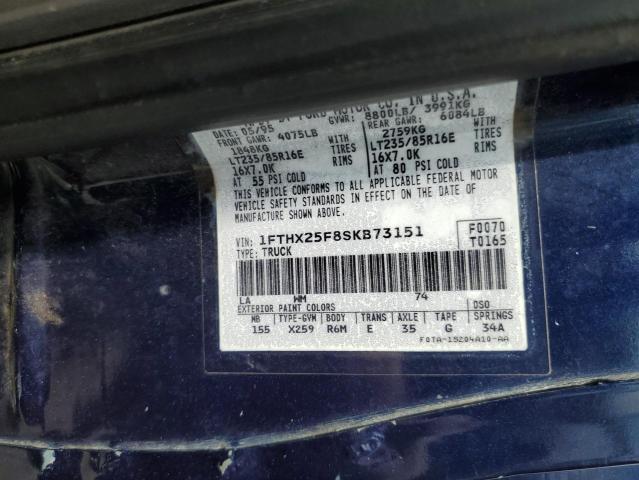 1FTHX25F8SKB73151 - 1995 FORD F250 BLUE photo 12