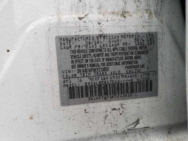 3N1AB7AP5KY213850 - 2019 NISSAN SENTRA S WHITE photo 12