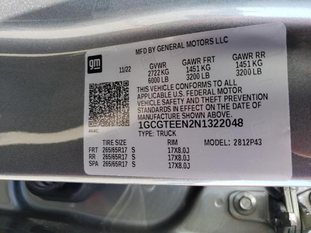 1GCGTEEN2N1322048 - 2022 CHEVROLET COLORADO ZR2 GRAY photo 12