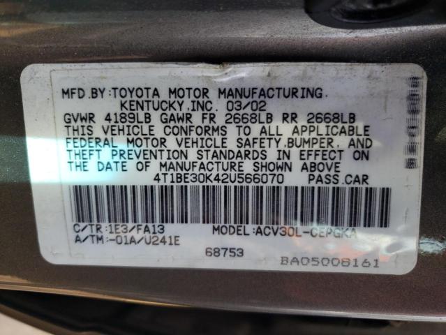 4T1BE30K42U566070 - 2002 TOYOTA CAMRY LE GRAY photo 12