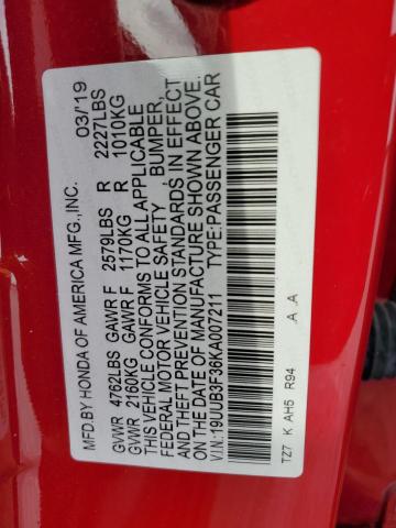 19UUB3F36KA007211 - 2019 ACURA TLX RED photo 12