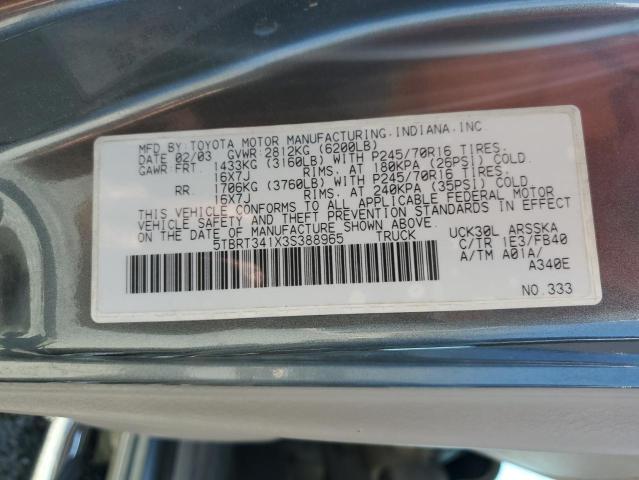 5TBRT341X3S388965 - 2003 TOYOTA TUNDRA ACCESS CAB SR5 GRAY photo 12