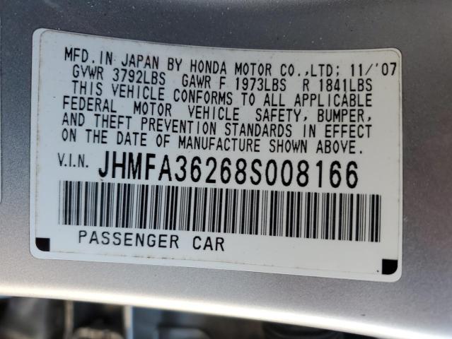 JHMFA36268S008166 - 2008 HONDA CIVIC HYBRID SILVER photo 12