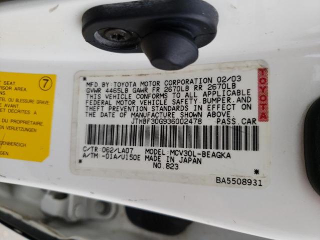 JTHBF30G936002478 - 2003 LEXUS ES 300 WHITE photo 12